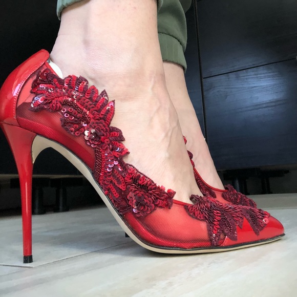 Red Patent Leather Embellished Pumps - Picture 6 of 6